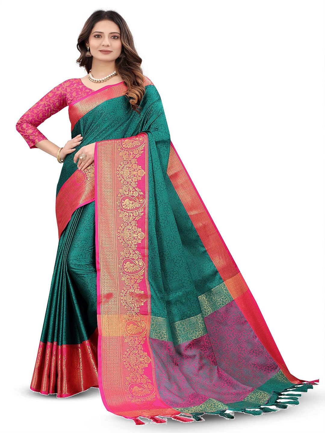 

faxofab Ethnic Woven Design Zari Silk Cotton Banarasi Saree, Teal