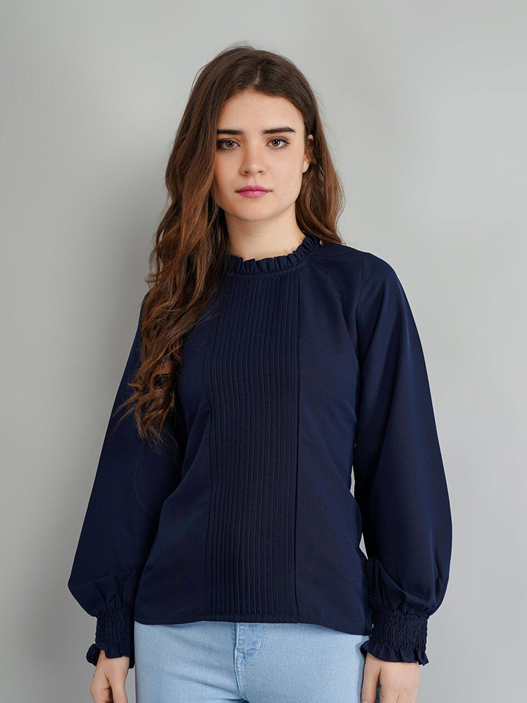 

Kushi Flyer Cuff Sleeves Accordion Pleated Crepe Top, Blue
