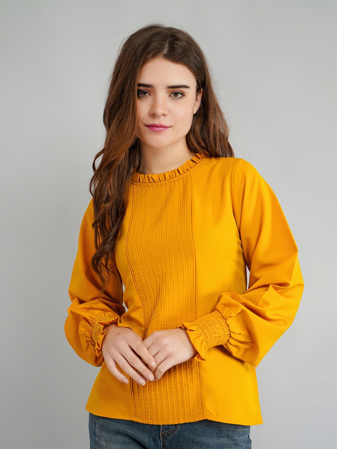 

Kushi Flyer Cuff Sleeves Accordion Pleated Crepe Top, Mustard