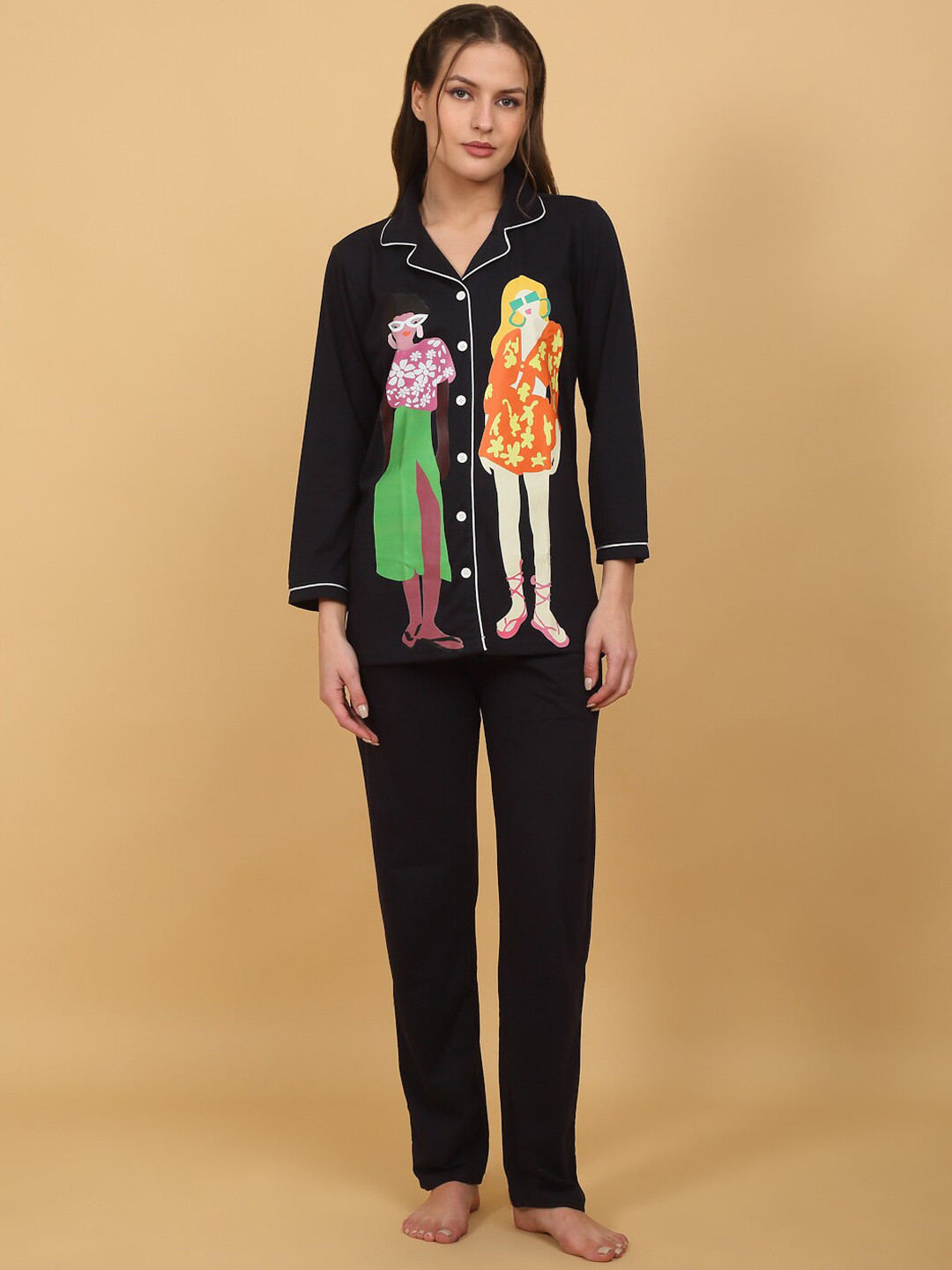 

She N She Graphic Printed Lapel Collar Night suit, Black