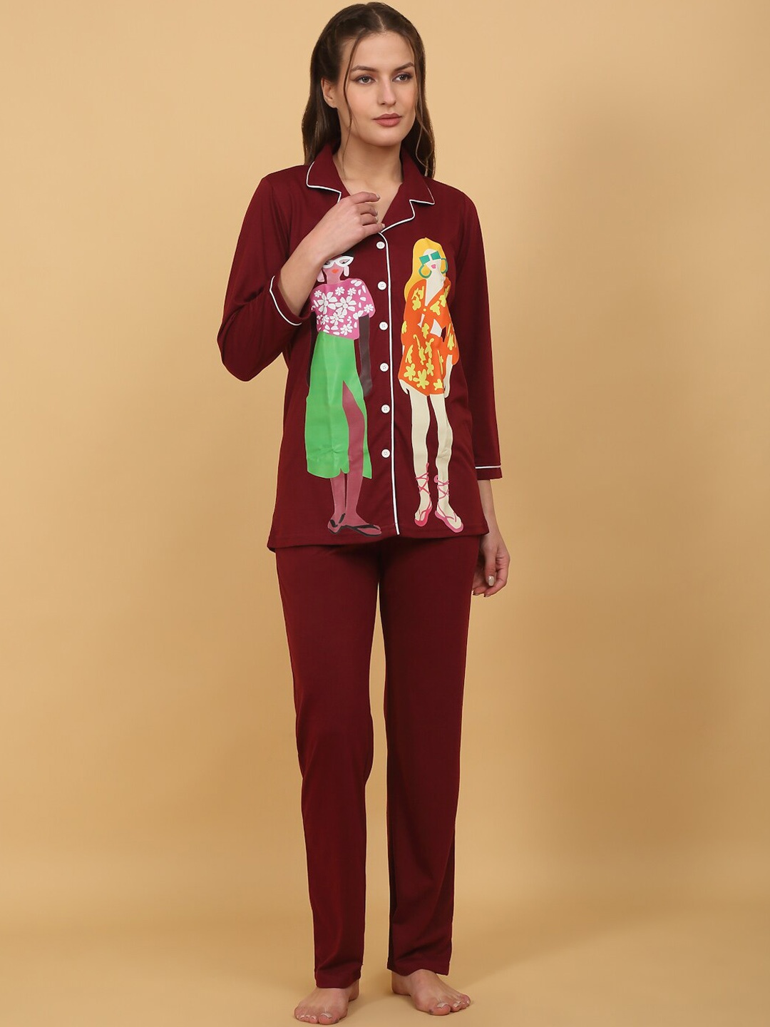 

She N She Graphic Printed Lapel Collar Night suit, Maroon