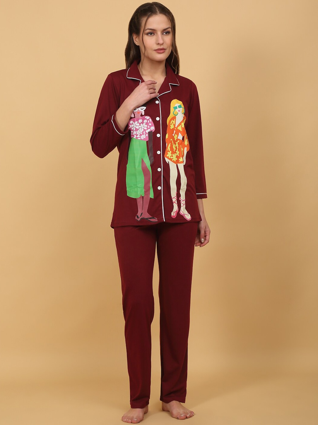 

She N She Graphic Printed Lapel Collar Night suit, Maroon