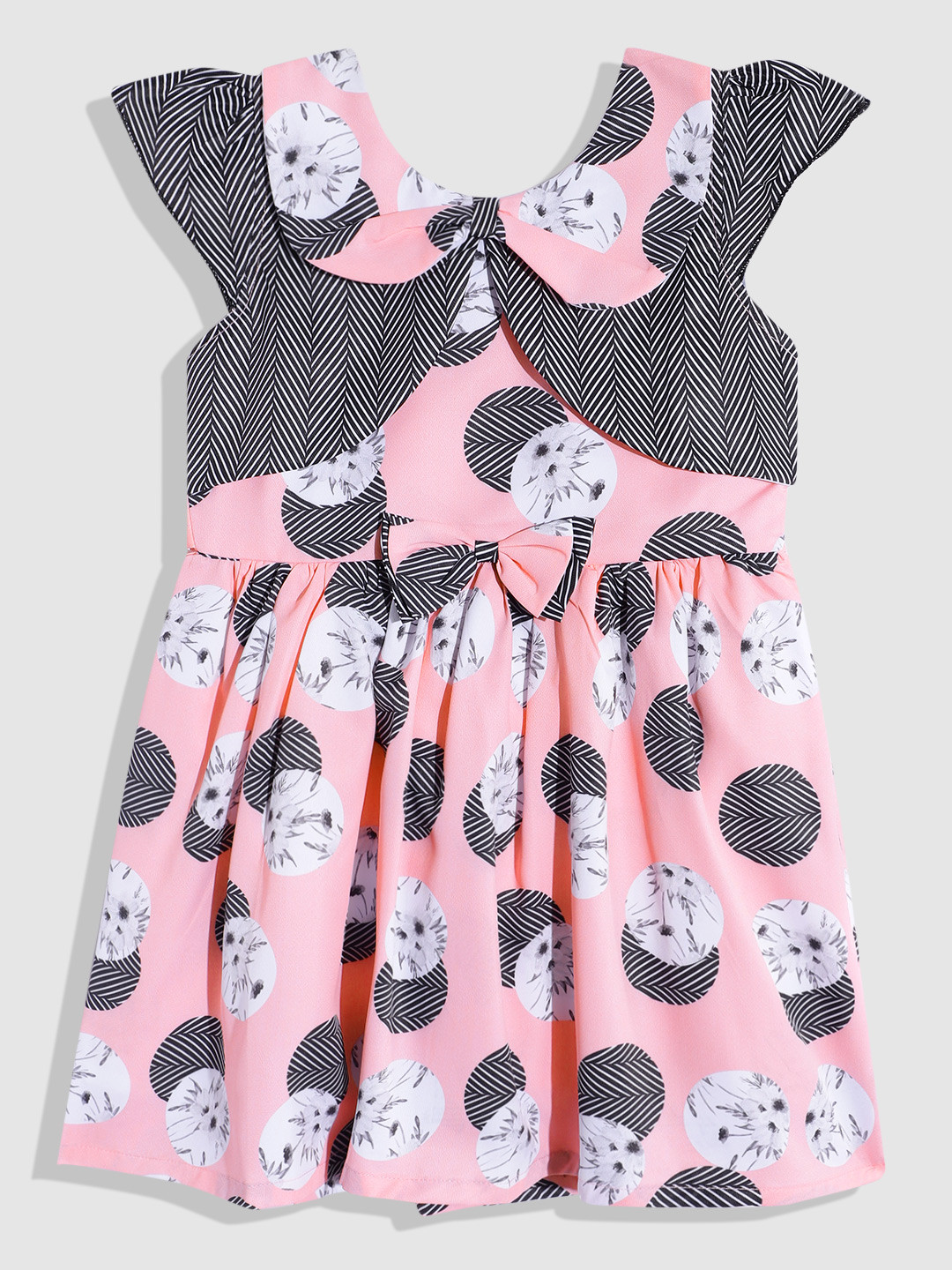 

YK Girls Print Peter Pan Collar A-Line Dress with Bow Detail, Peach
