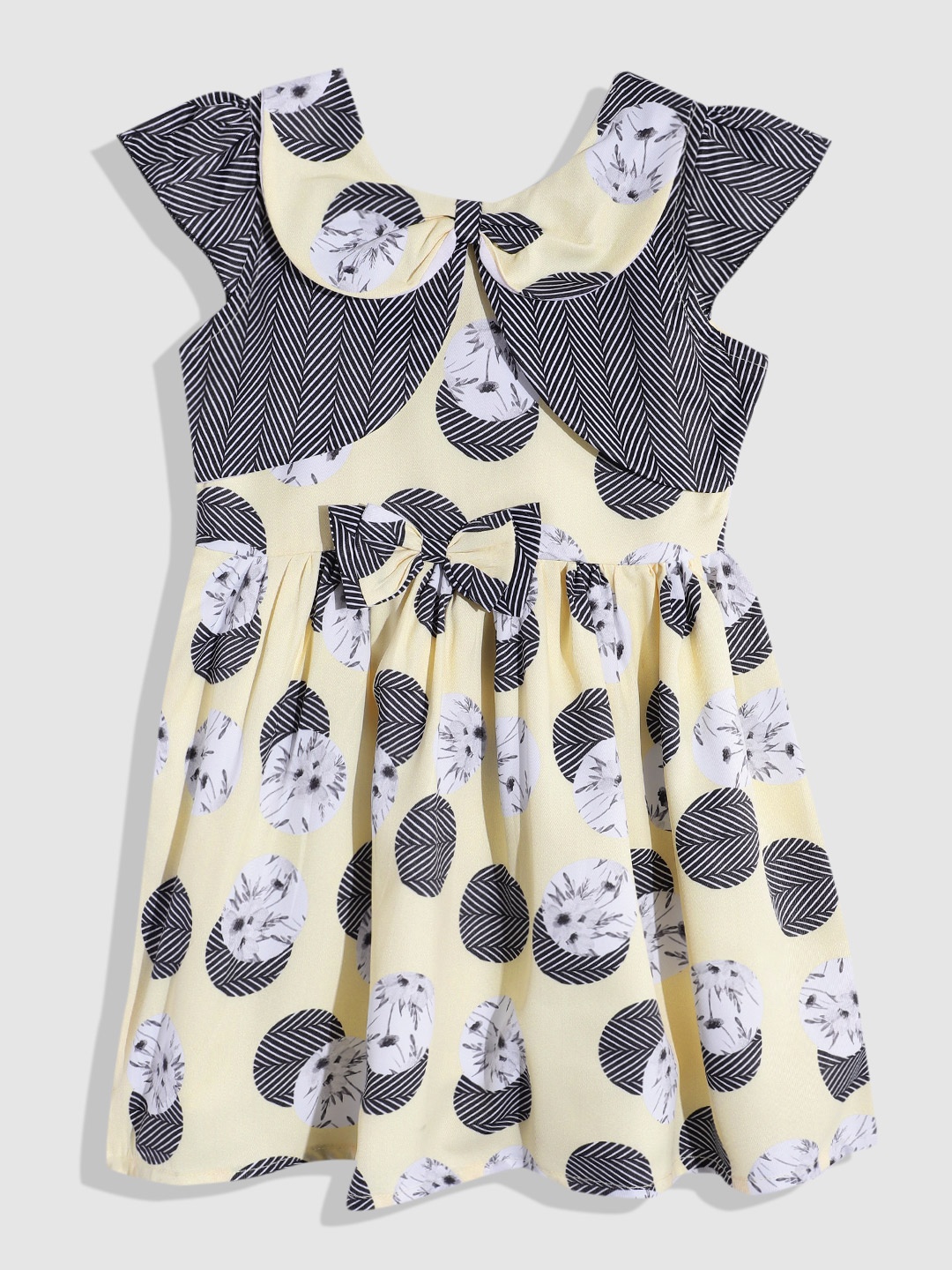 

YK Girls Print Peter Pan Collar A-Line Dress with Bow Detail, Yellow