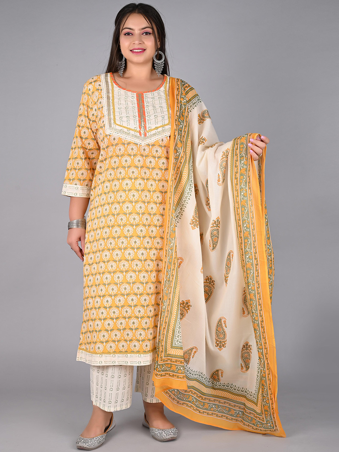 

madam PLUS Plus Size Ethnic Motifs Printed Pure Cotton Kurta with Palazzos & Dupatta, Yellow