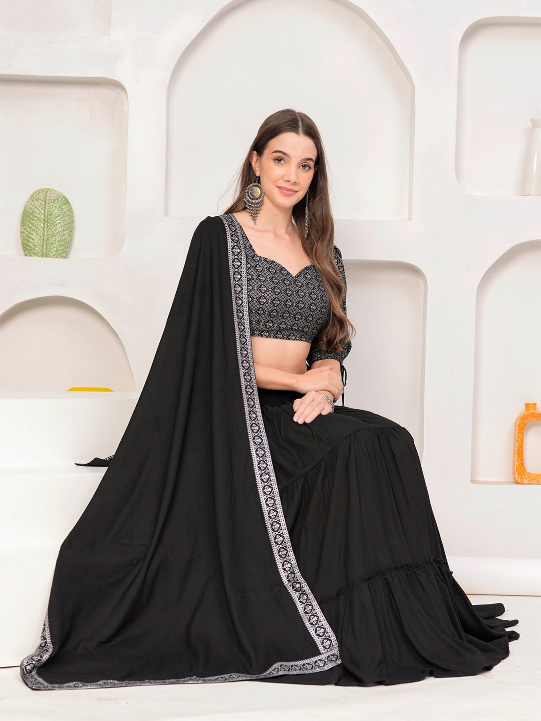 

DAEVISH Printed Ready to Wear Lehenga & Blouse With Dupatta, Black
