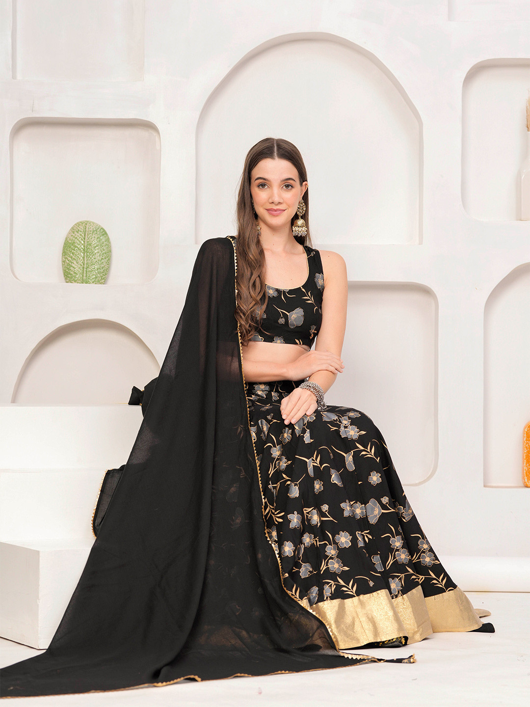 

DAEVISH Printed Ready to Wear Lehenga & Blouse With Dupatta, Black