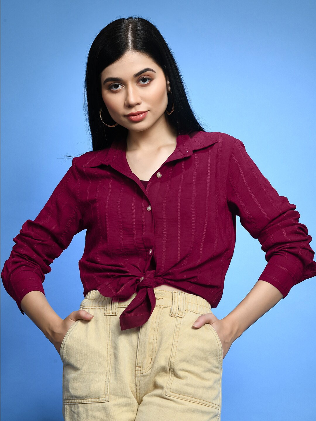 

CHARMGAL Classic Vertical Striped Spread Collar Casual Shirt, Magenta