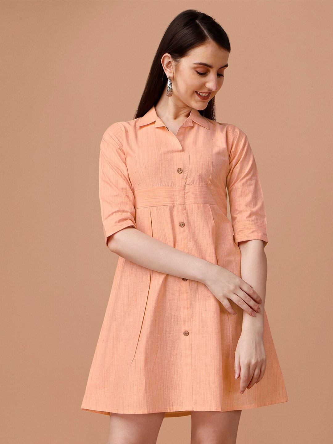 

WILNERCROWN Shirt Collar Cotton Shirt Dress, Peach