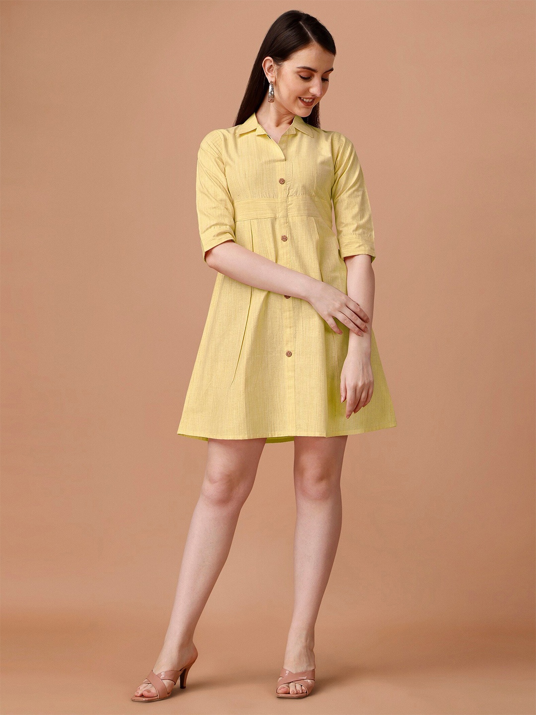 

WILNERCROWN Shirt Collar Cotton A-Line Dress, Yellow