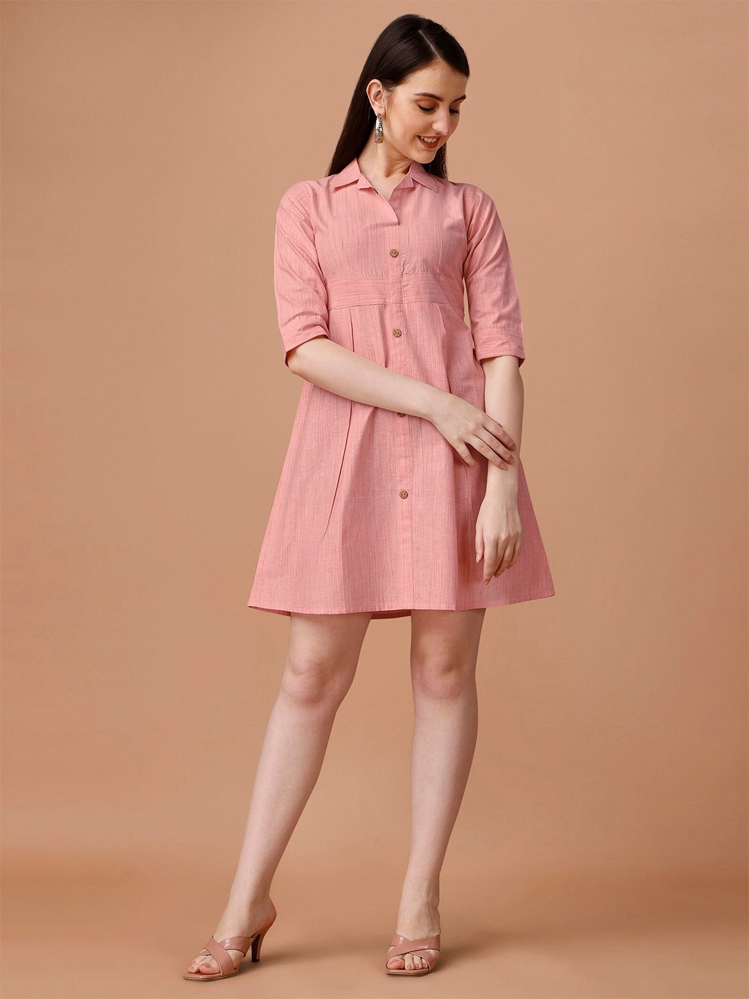 

WILNERCROWN Shirt Collar Cotton A-Line Dress, Pink