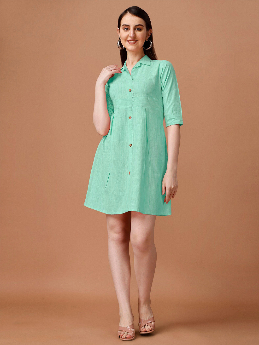 

WILNERCROWN Shirt Collar Cotton A-Line Dress, Green
