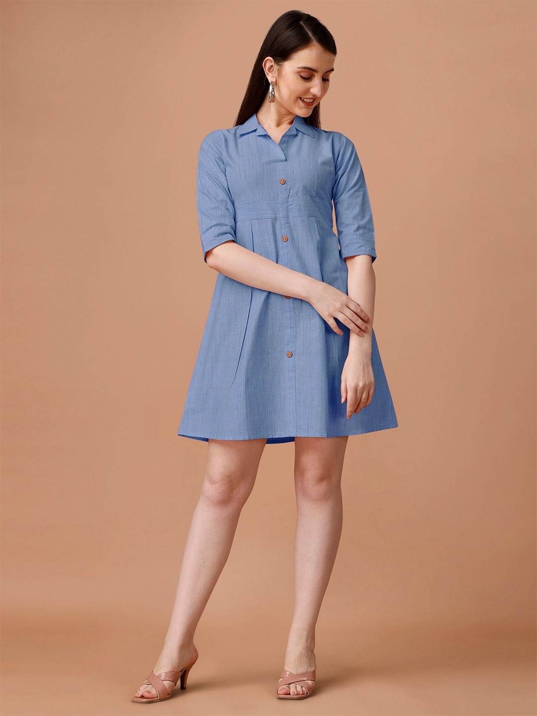 

WILNERCROWN Shirt Collar Cotton A-Line Dress, Blue