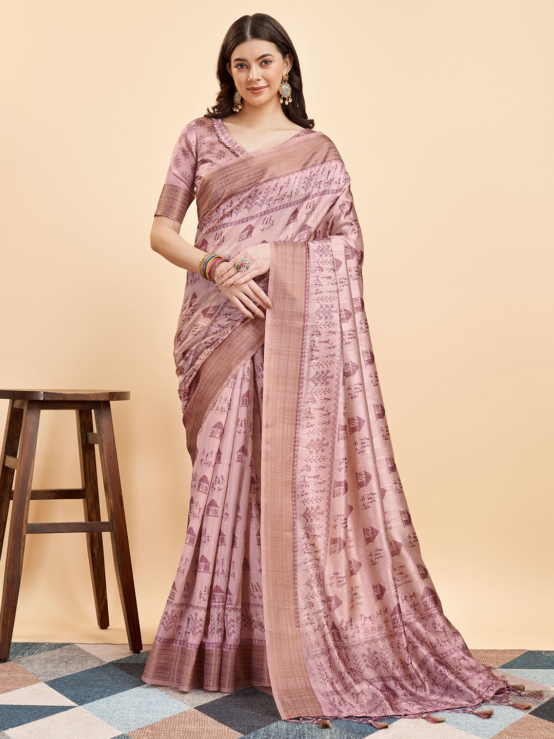 

Mitera Geometric Printed Zari Pure Silk Saree, Pink