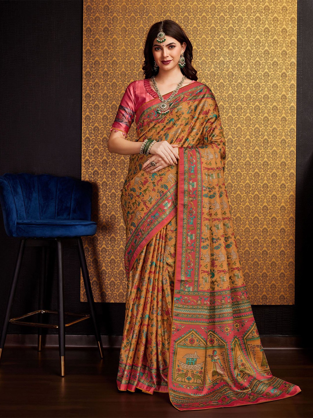 

Mitera Ethinic Motifs Digital Printed Pure Satin Saree, Mustard