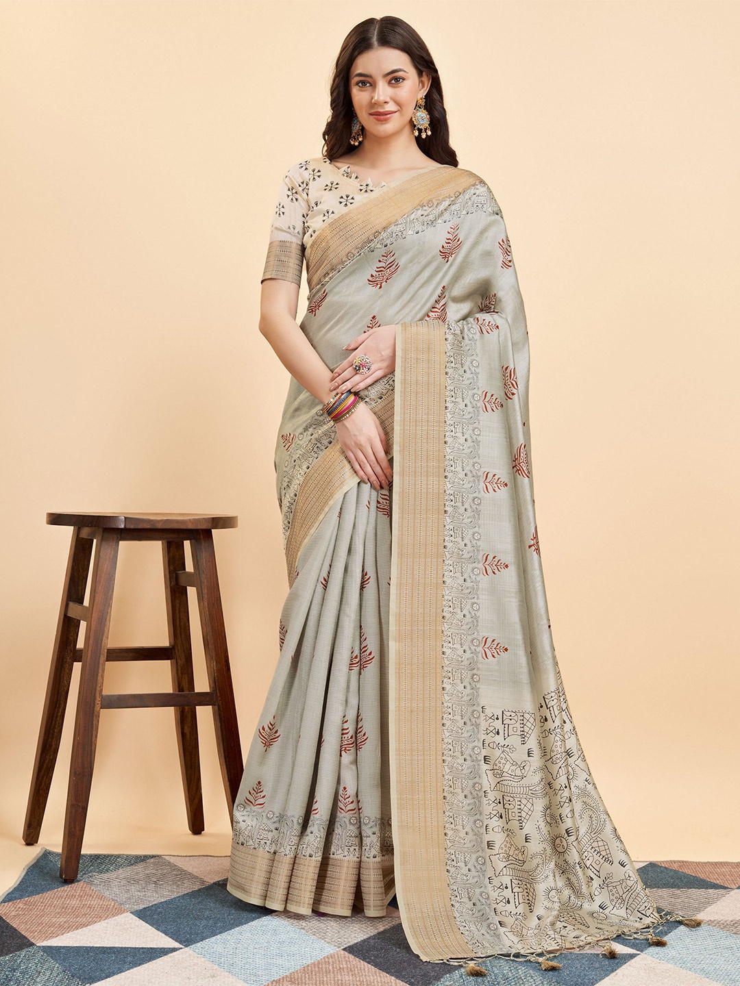 

Mitera Floral Printed Zari Pure Silk Saree, Green