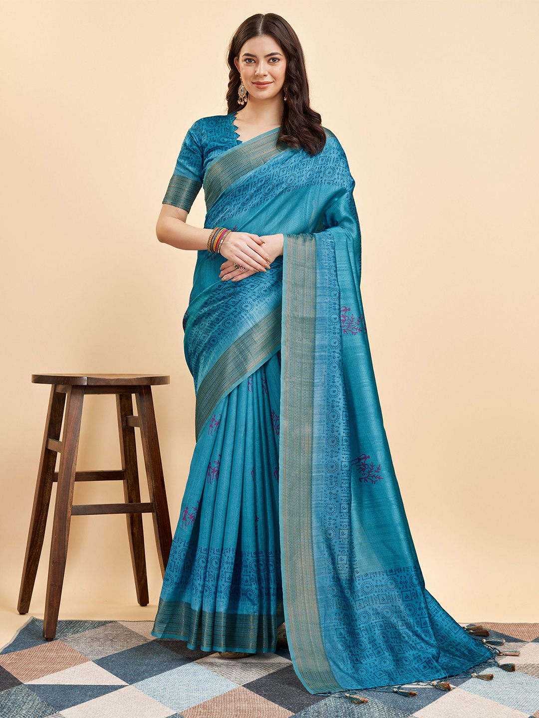 

Mitera Ethnic Motifs Printed Zari Pure Silk Saree, Blue