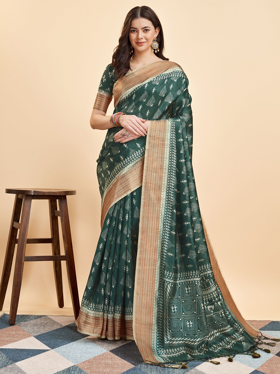 

Mitera Ethnic Motifs Printed Zari Pure Silk Saree, Green