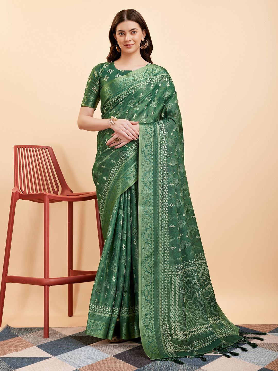 

Mitera Ethnic Motifs Printed Zari Silk Cotton Kanjeevaram Saree, Green