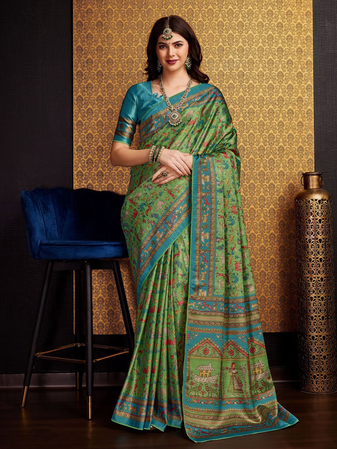 

Mitera Floral Printed Satin Saree, Green