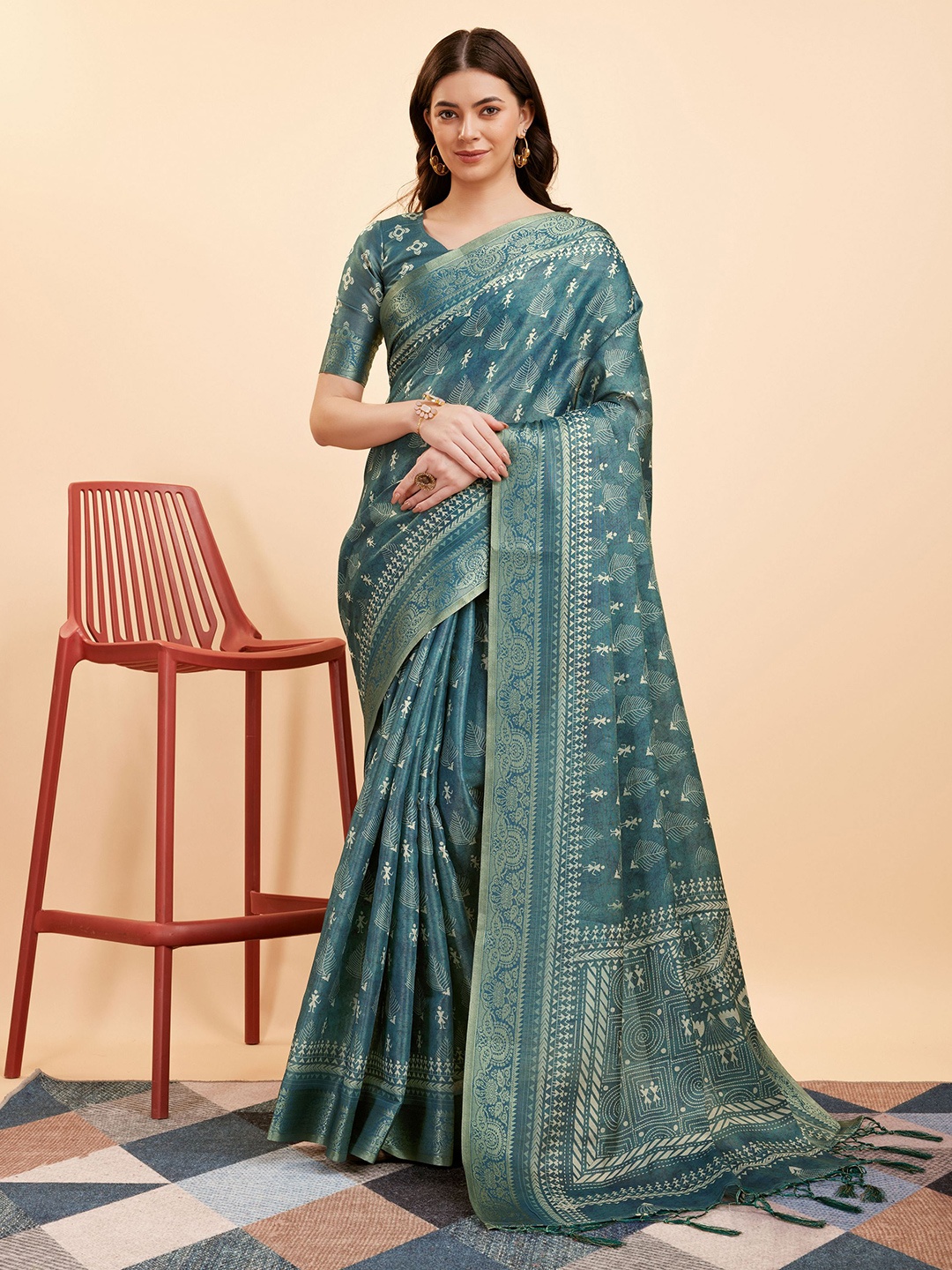 

Mitera Ethnic Motifs Printed Zari Silk Cotton Kanjeevaram Saree, Sea green