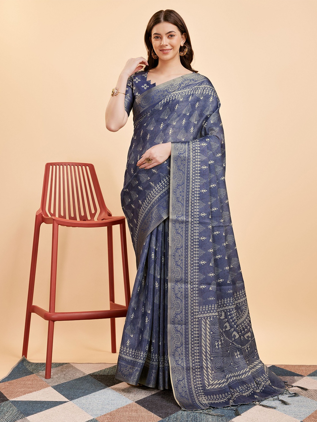 

Mitera Geometric Printed Silk Cotton Kanjeevaram Saree, Navy blue