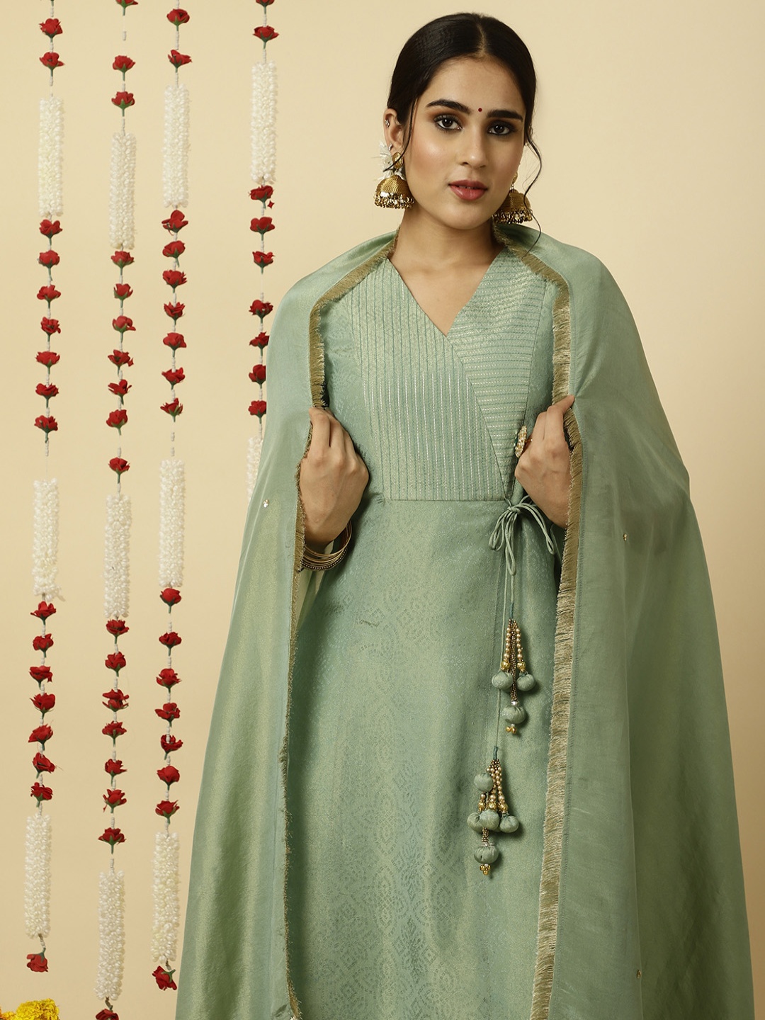 

Jaipur Kurti A-line Silk Kantha Work Kurta With Pants And Dupatta, Sea green