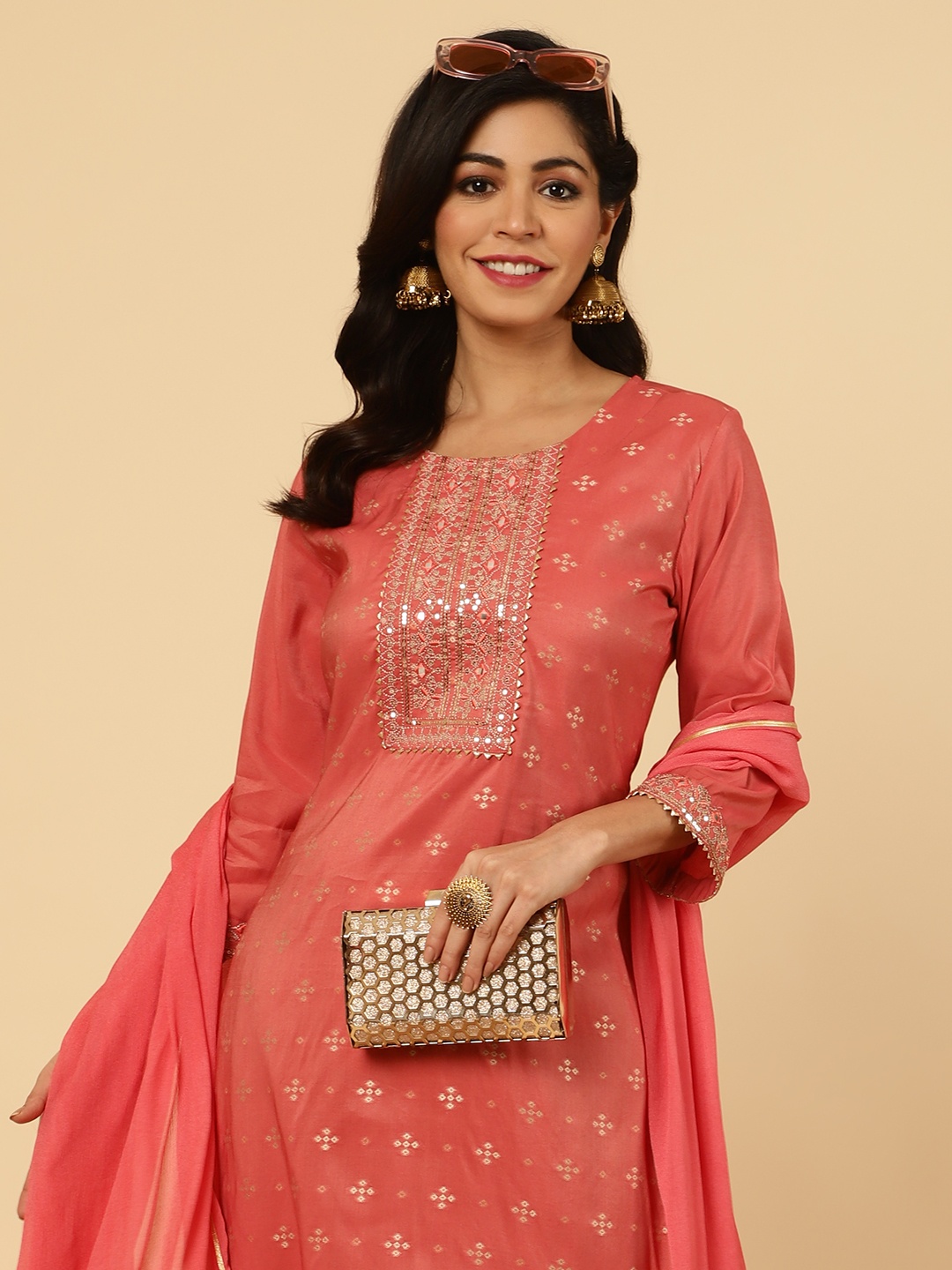 

Jaipur Kurti Mirror Work Chanderi Straight Kurta With Pants And Dupatta, Peach