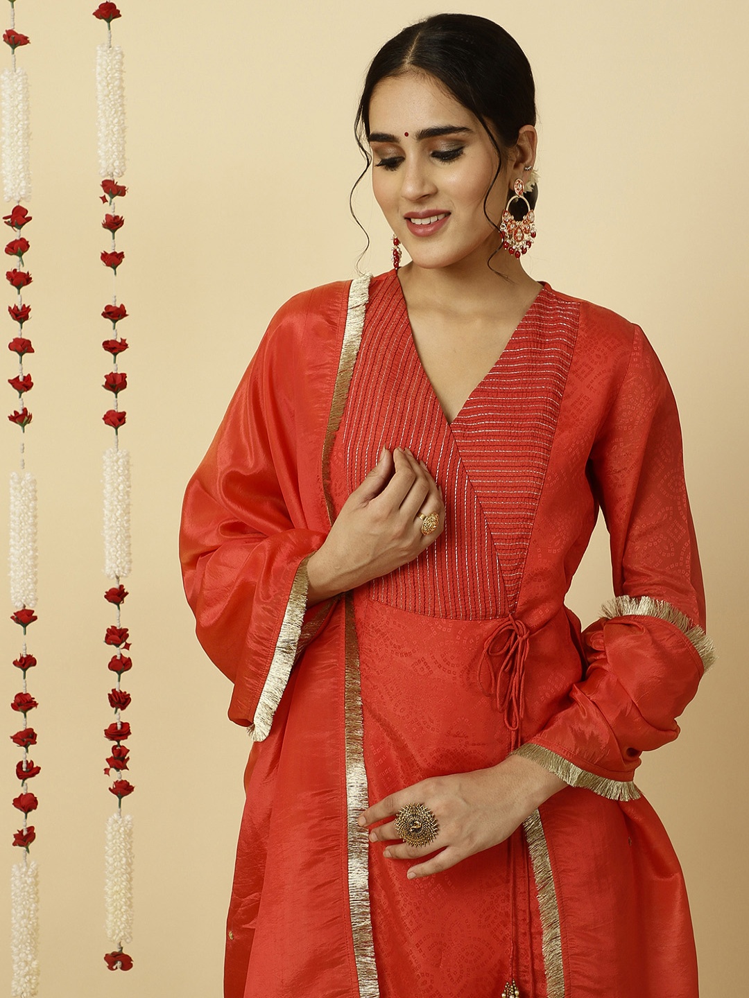 

Jaipur Kurti A-line Silk Kantha Work Kurta With Pants And Dupatta, Red