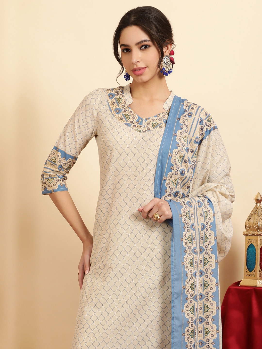 

Jaipur Kurti Printed Regular Pure Cotton Kurta with Trousers & Dupatta, Beige