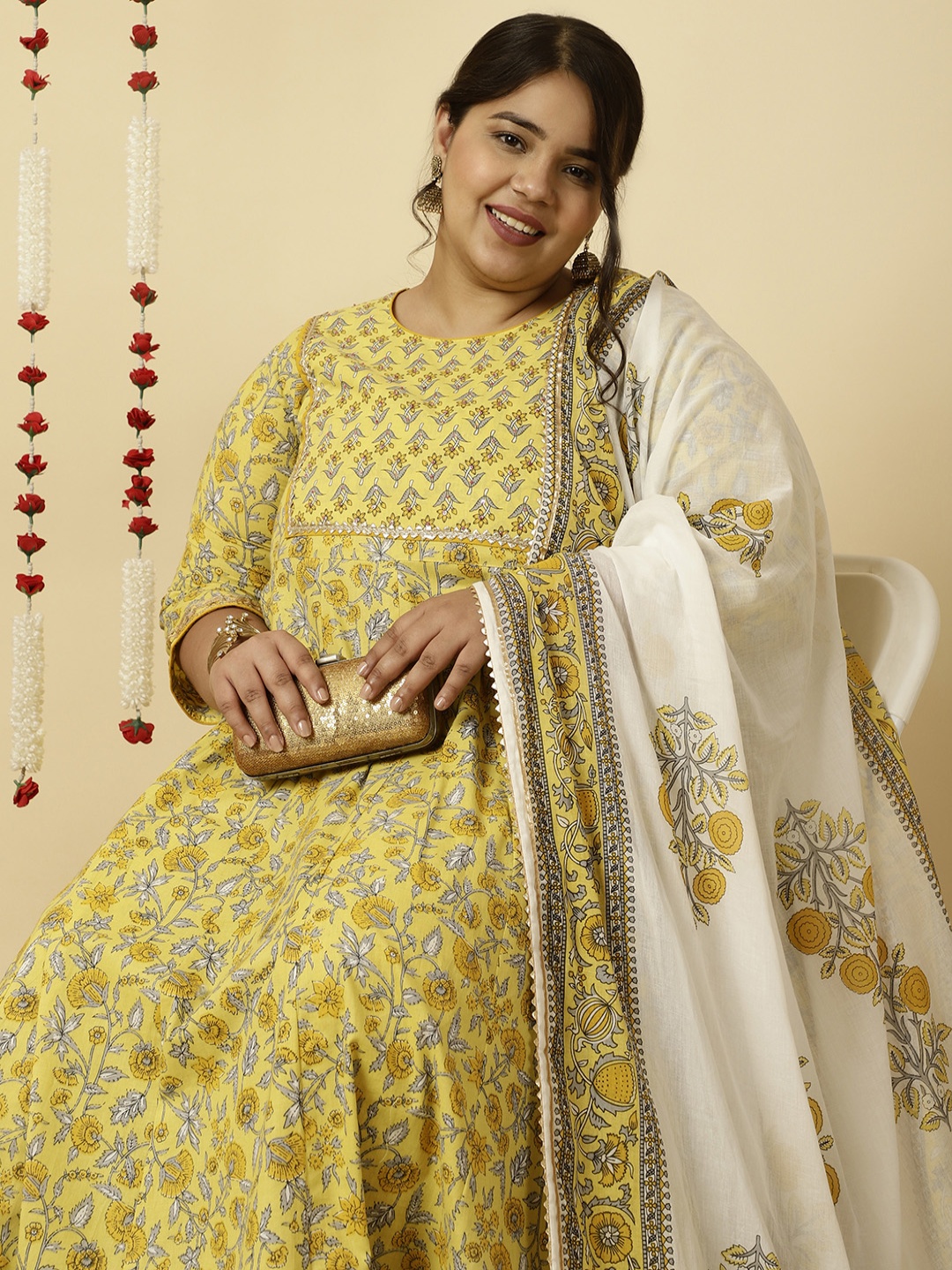 

Jaipur Kurti Plus Size Ethnic Motifs Printed Empire Cotton Kurta With Trousers & Dupatta, Yellow