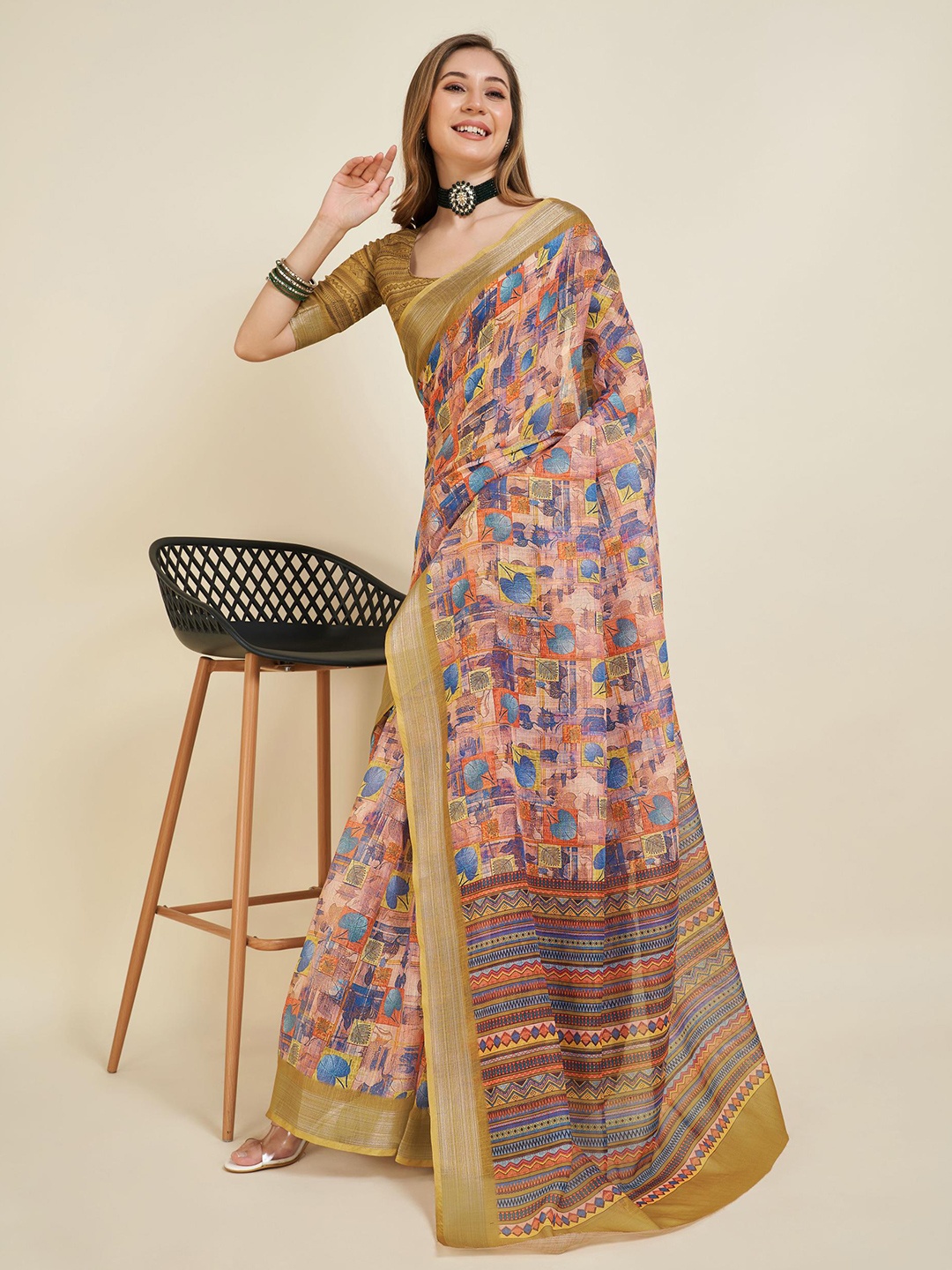 

Fevinaa Floral Printed Linen Saree, Olive