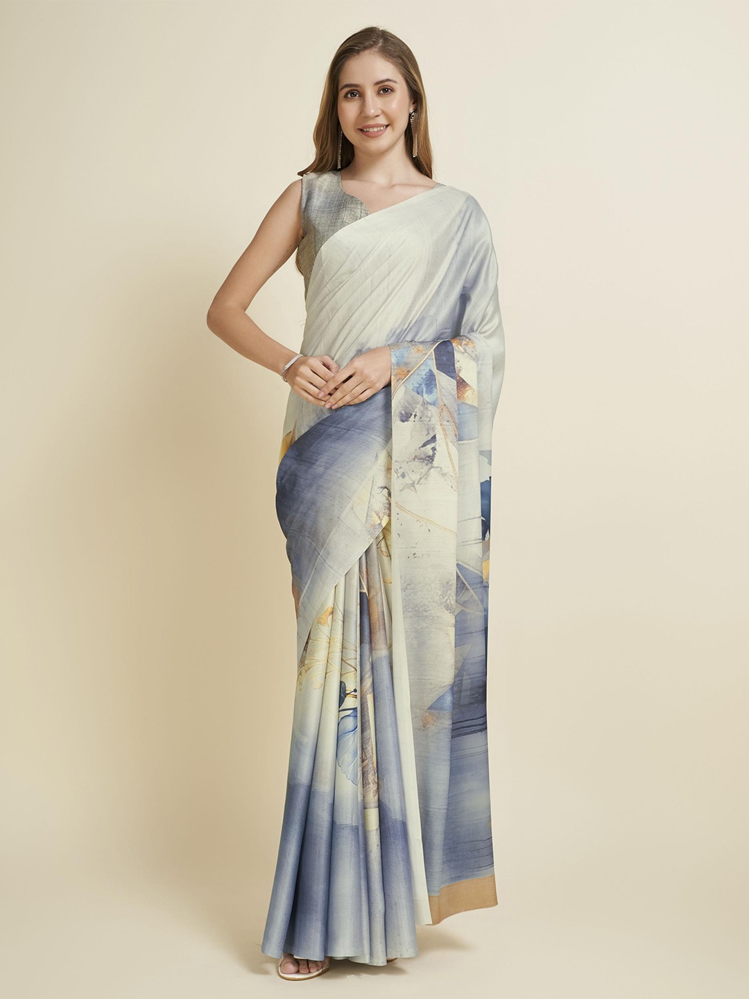 

Fevinaa Floral Printed Satin Saree, Beige