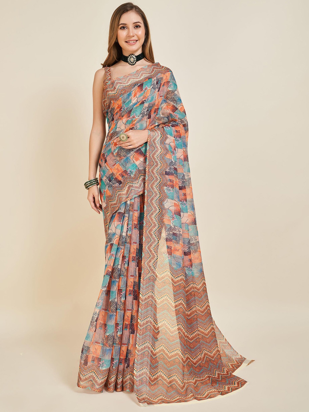 

Fevinaa Floral Printed Linen Saree, Brown