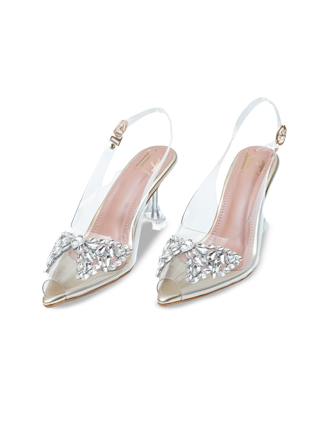 

Dapper Feet-Fancy Nancy Embellished Peep Toe Block Heels, Gold