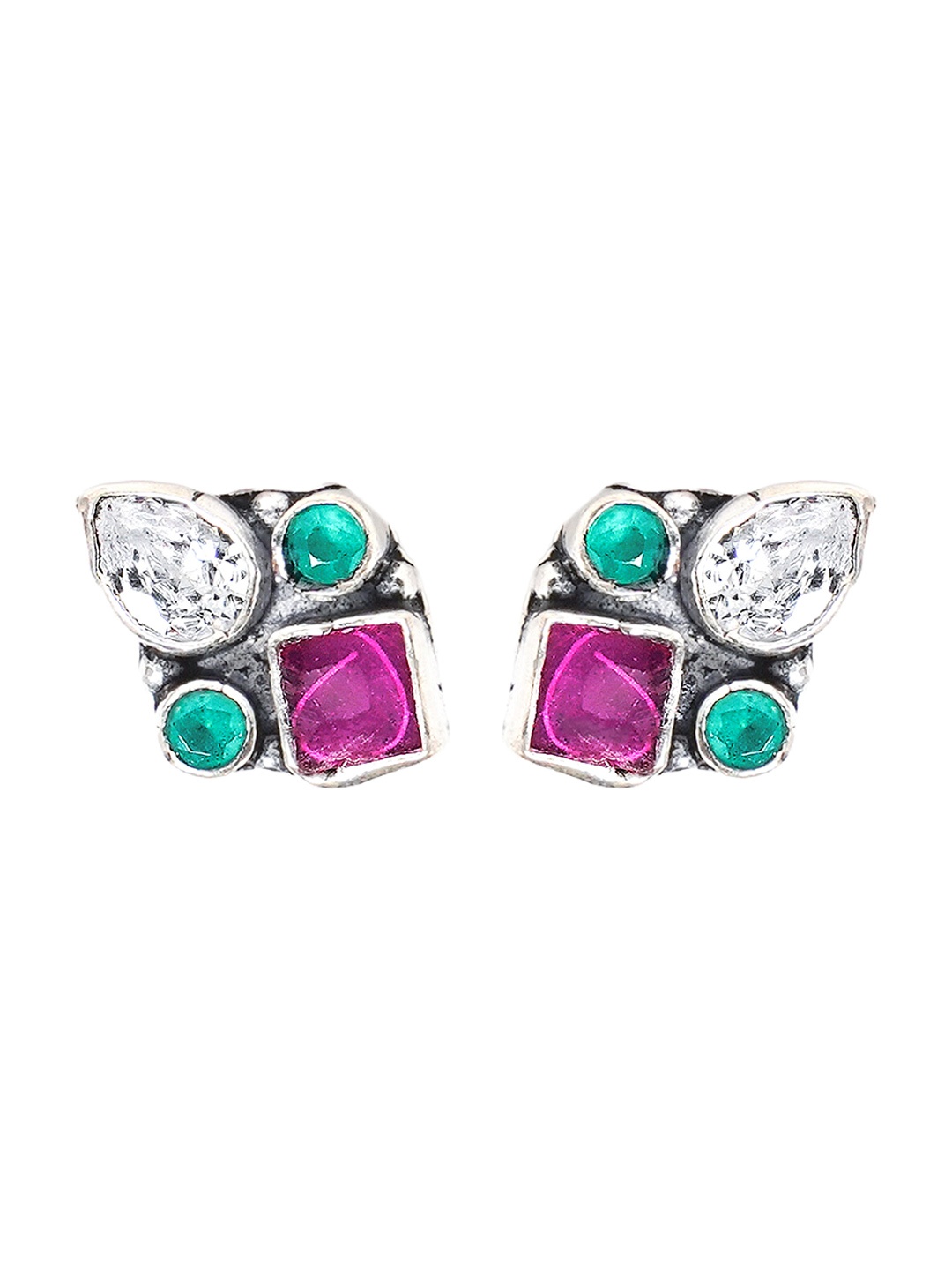 

925 SILLER Rhodium-Plated Stones-Studded Contemporary Studs Earrings, Silver