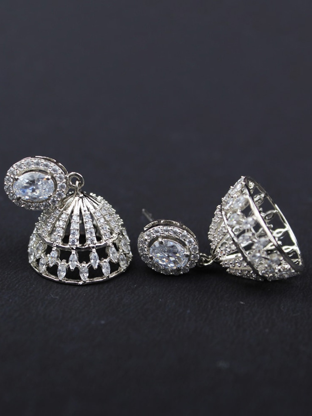 

925 SILLER 925 Silver Rhodium-Plated Zircon Studded Dome Shaped Jhumkas