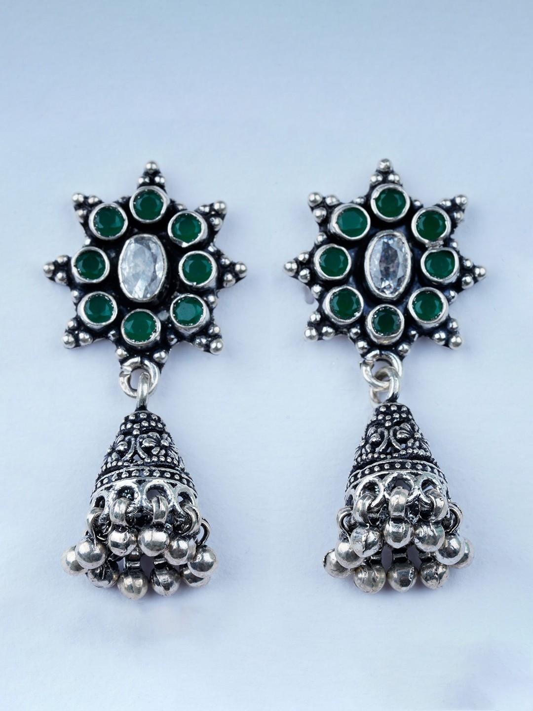 

925 SILLER Rhodium-Plated Stones-Studded Contemporary Jhumkas, Silver