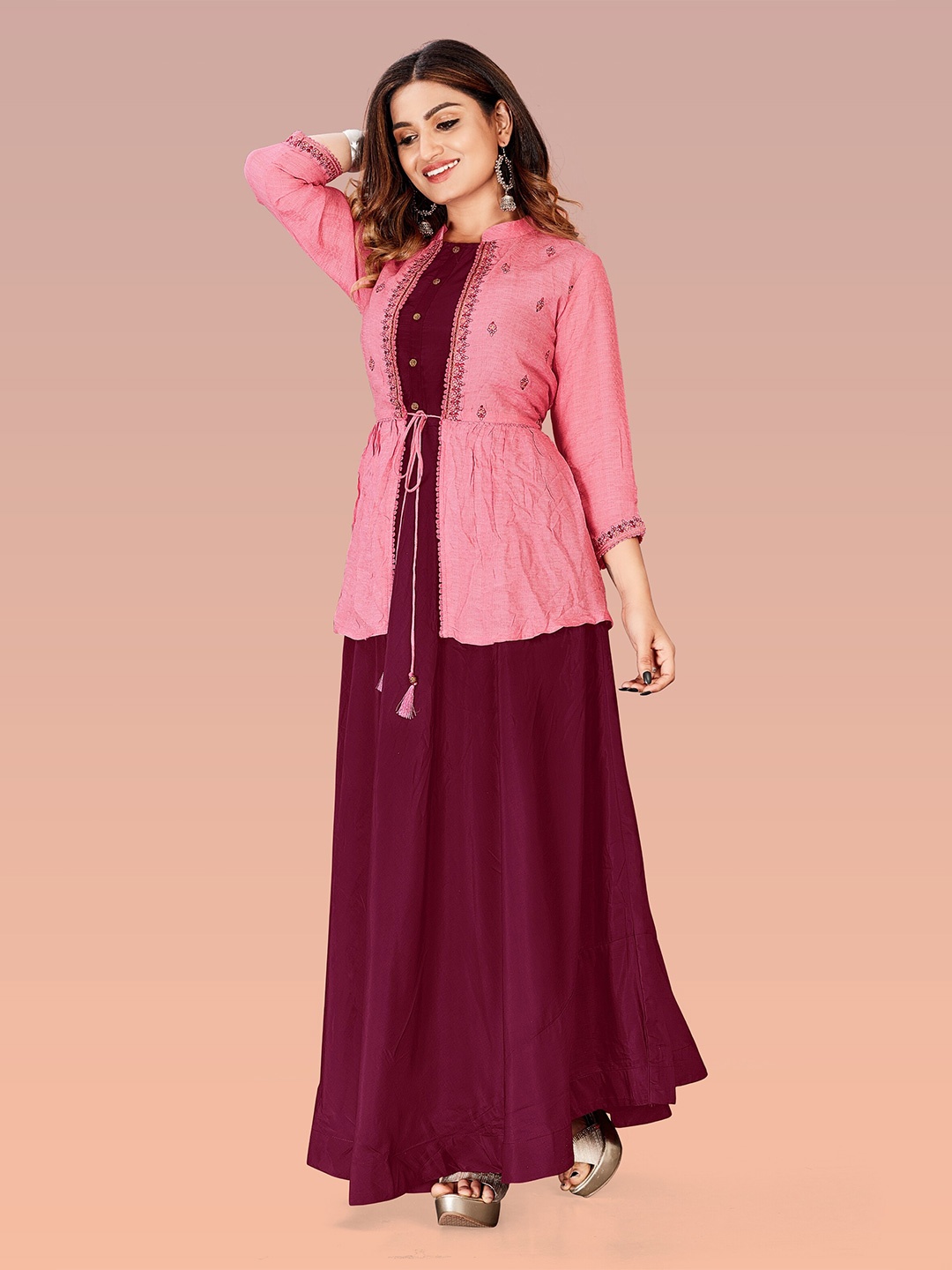 

Archittam Embroidered Silk Round Neck A-Line Maxi Dress, Pink