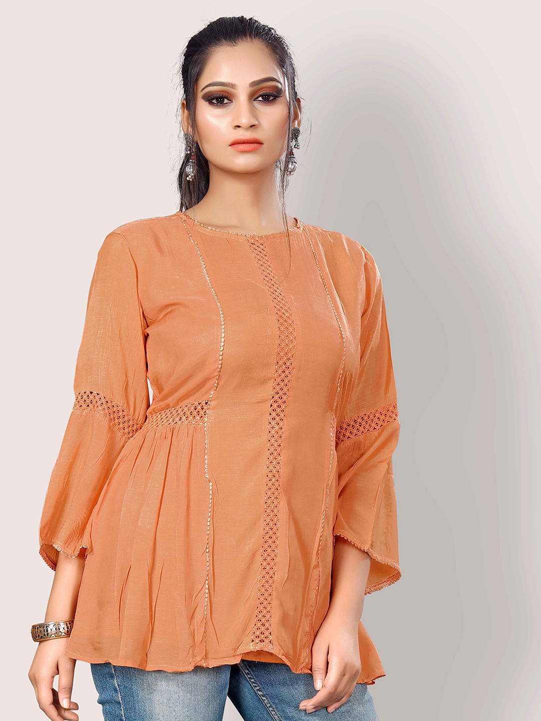 

Archittam Pleated Lace Inserted Pure Silk A-Line Kurti, Rust