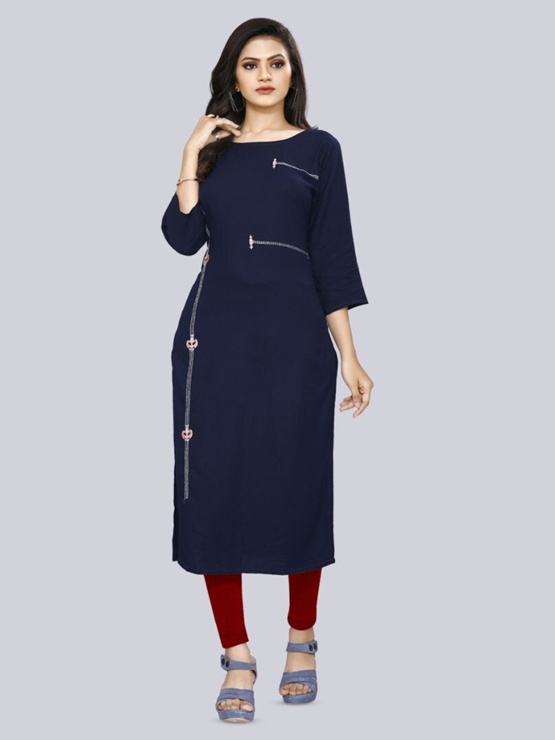 

Archittam Thread Work Boat Neck Straight Kurta, Navy blue