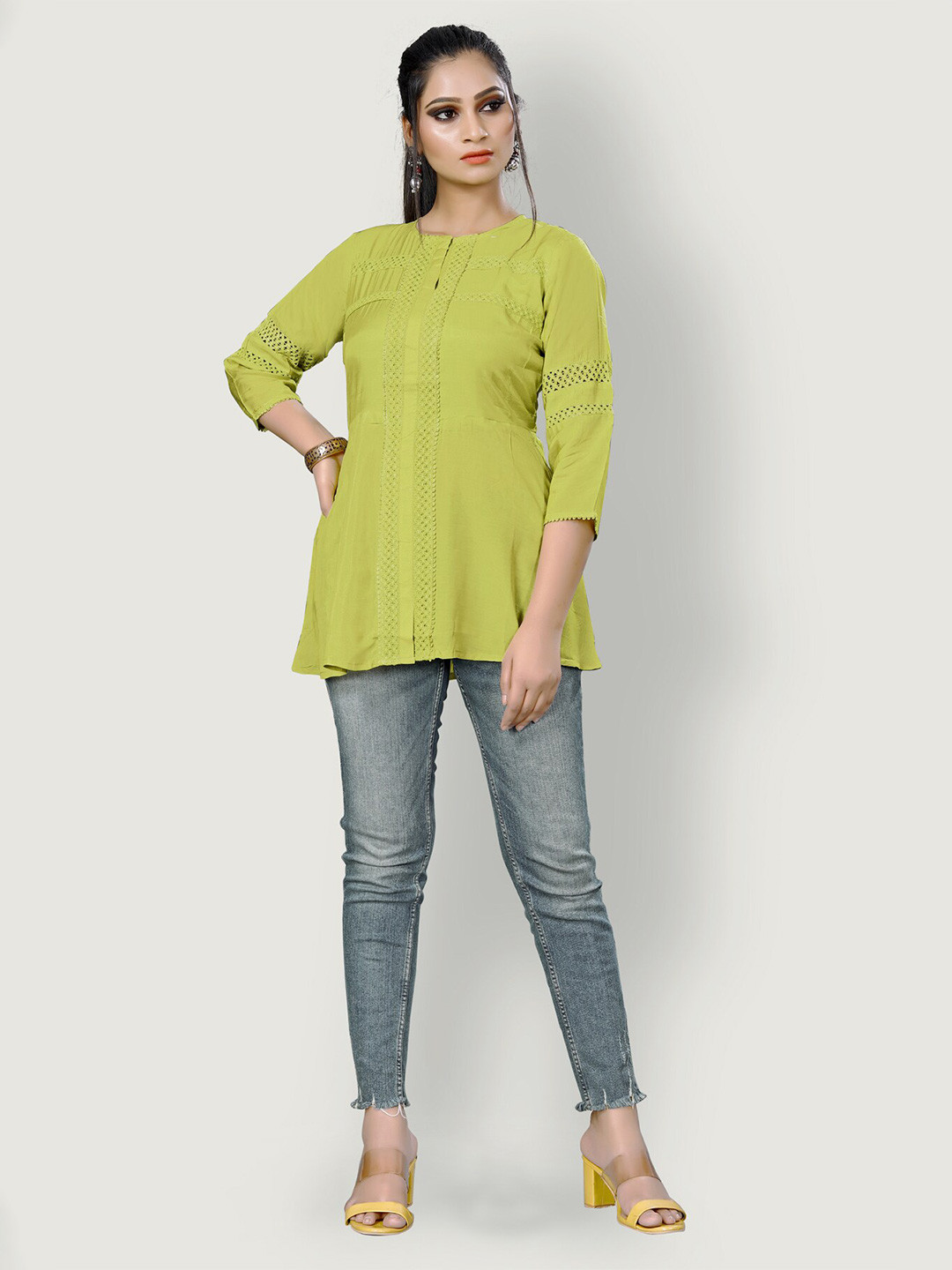 

Archittam Pleated Lace Inserted Pure Silk A-Line Kurti, Green