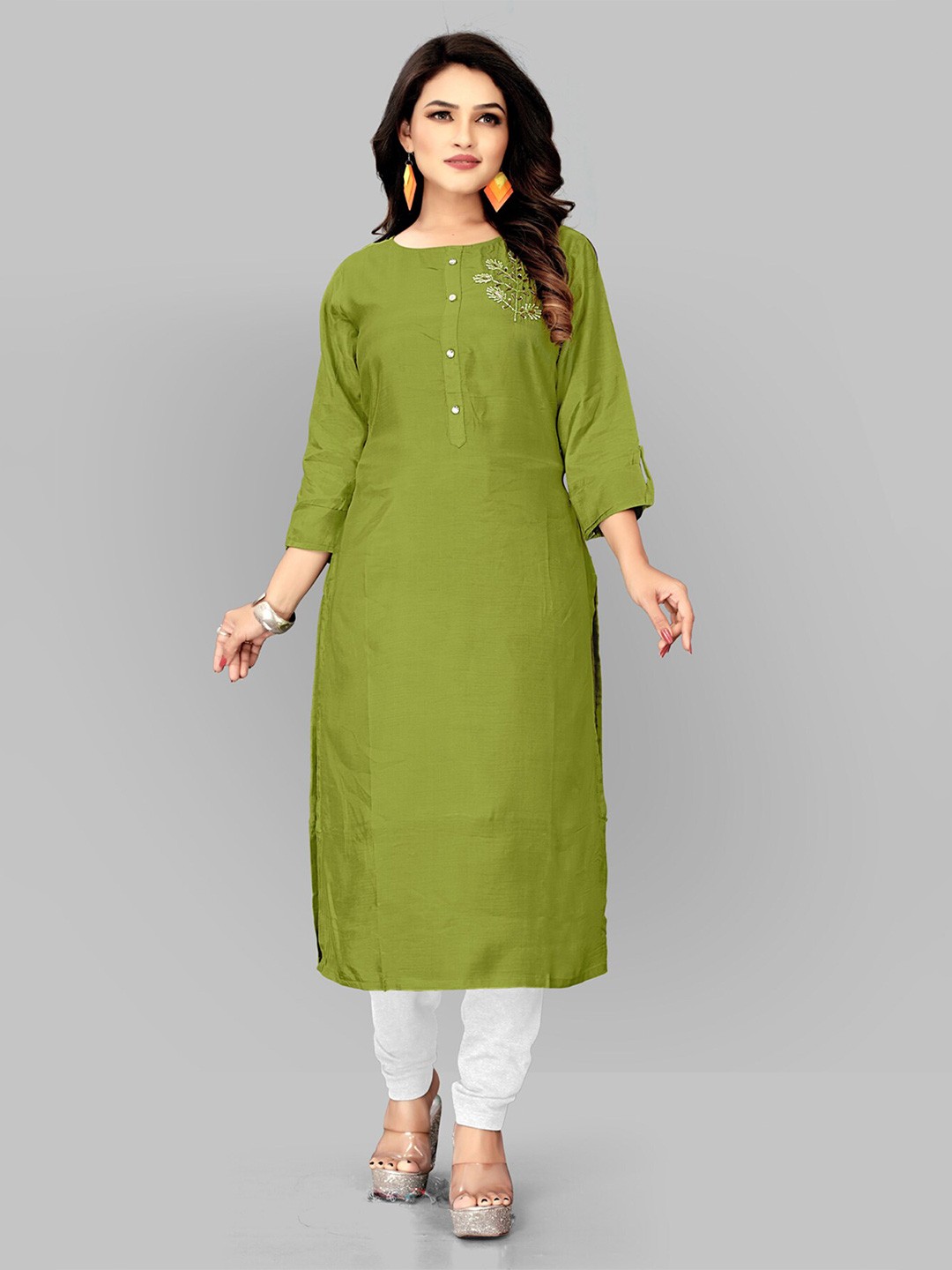 

Archittam Floral Embroidered Beads & Stones Sequined Silk Straight Kurta, Green