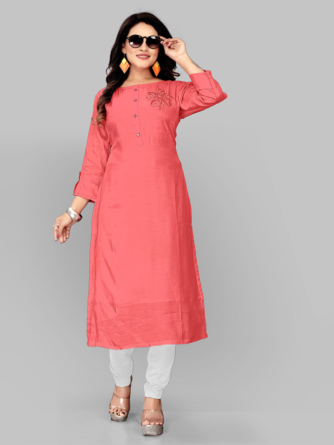

Archittam Ethnic Motifs Yoke Design Thread Work Detailed Pure Silk Straight Kurta, Coral