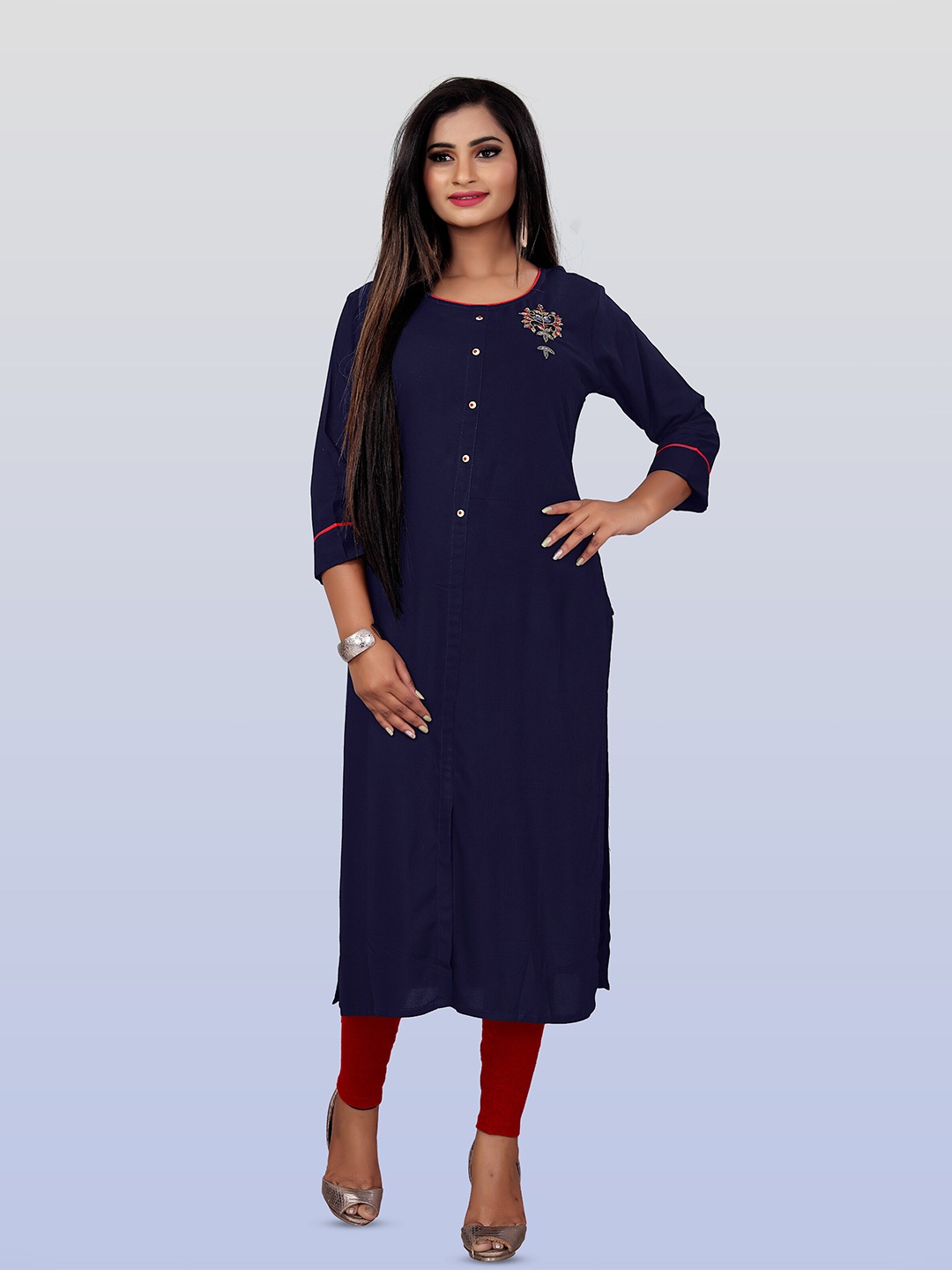 

Archittam Ethnic Motifs Yoke Design Thread Work Detailed Straight Kurta, Navy blue