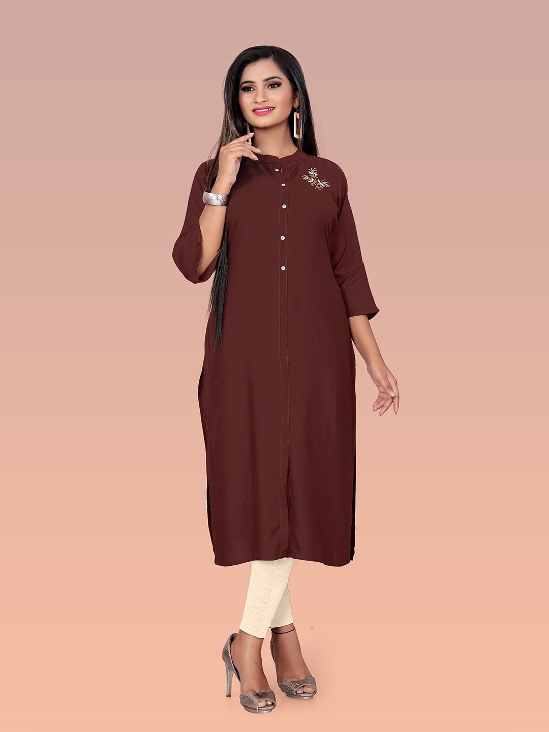 

Archittam Mandarin Collar Regular Beads & Stones Straight Kurta, Brown