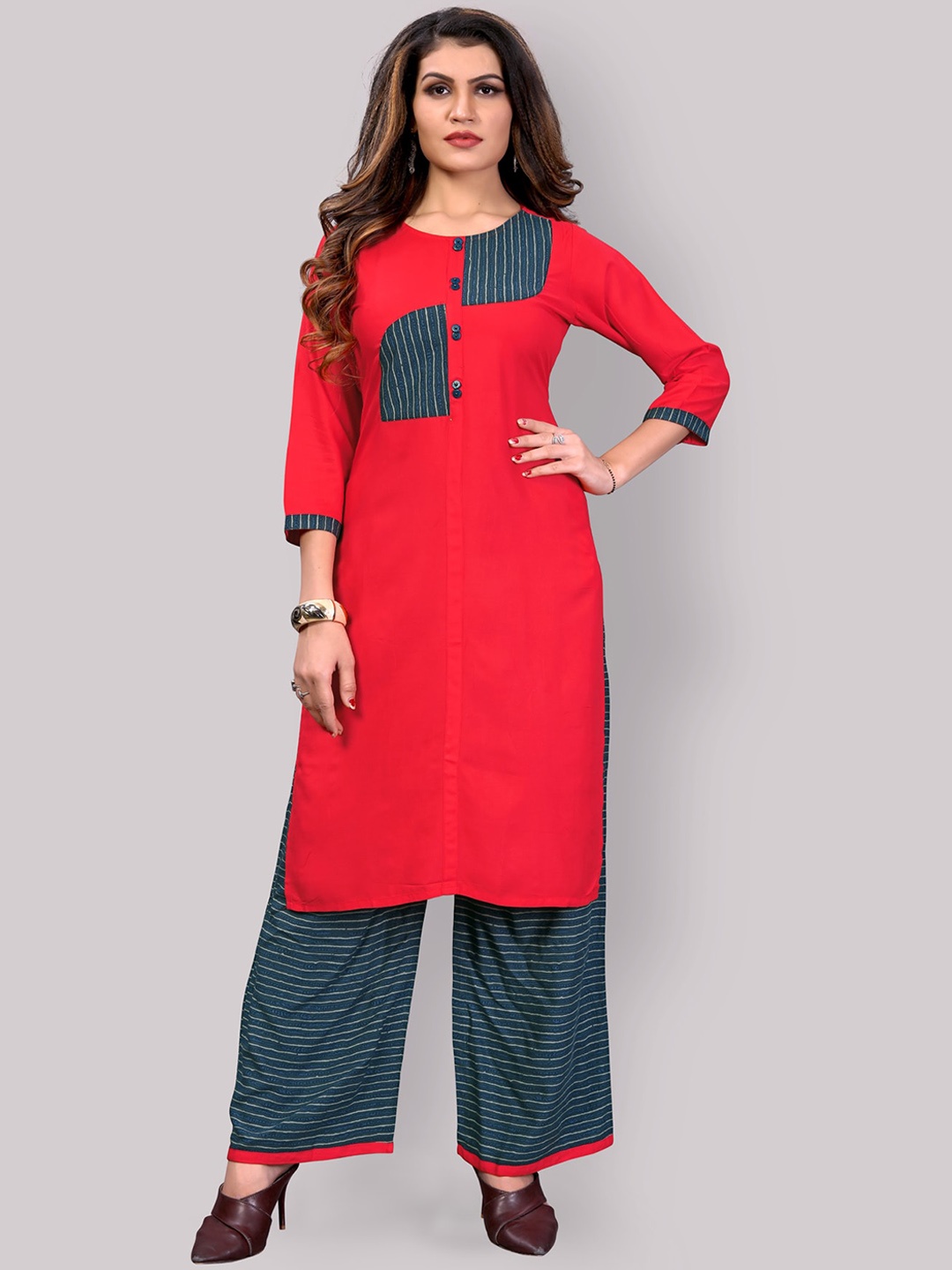 

Archittam Regular Patchwork Straight Kurta with Palazzos, Coral