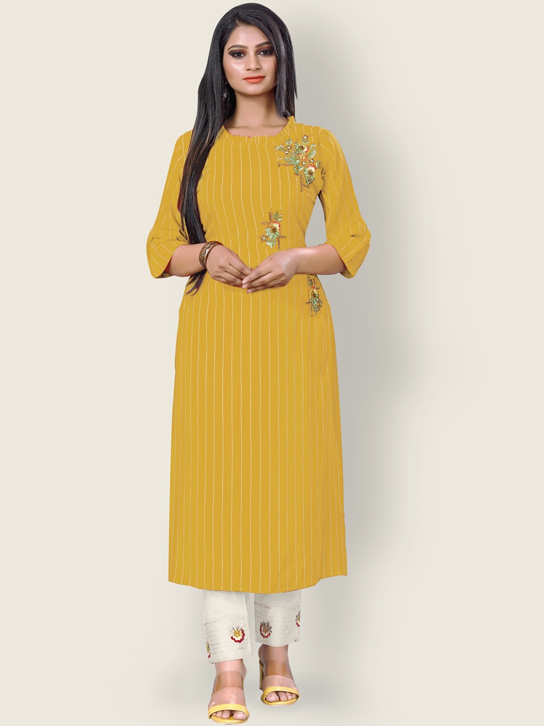 

Archittam Floral Embroidered Regular Kurta with Trousers, Yellow