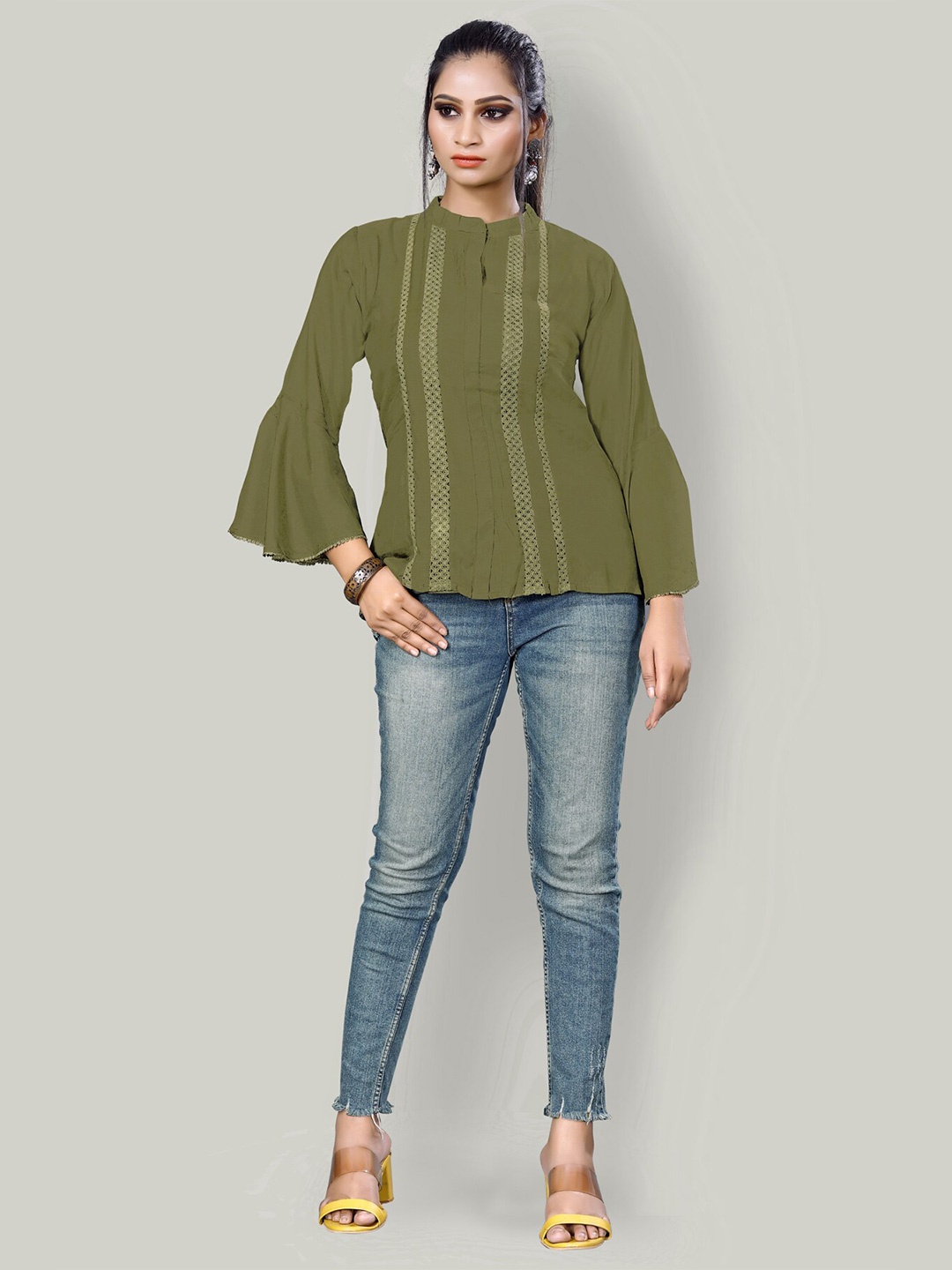 

Archittam Pleated Lace Inserted Pure Silk A-Line Kurti, Olive