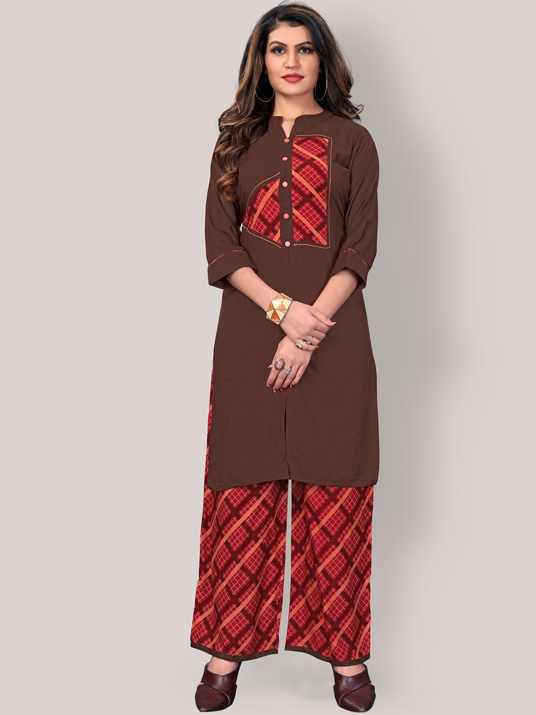 

Archittam Regular Patchwork Straight Kurta with Palazzos, Brown